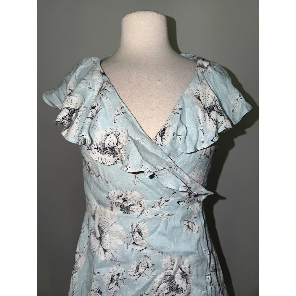 Free People French Quarter Wrap Dress Light Blue Floral Ruffle Mini Small CR5